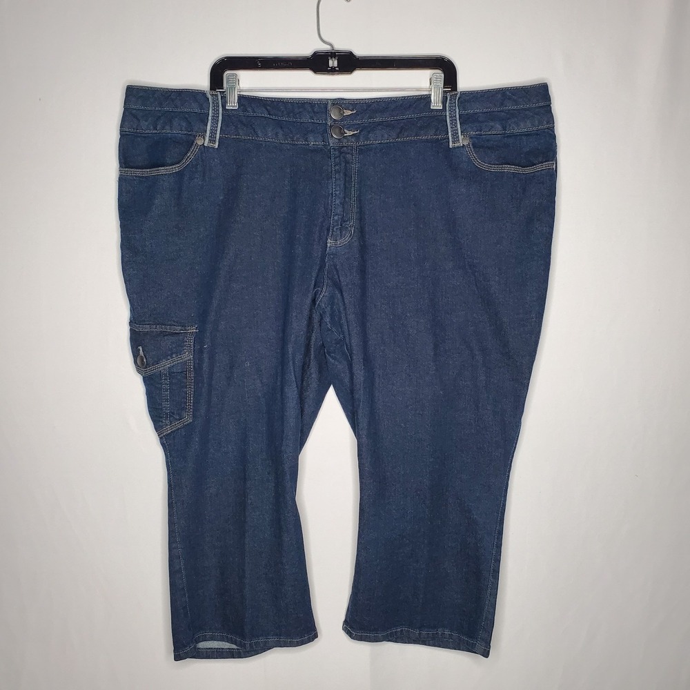 Avenue Denim Capri Cargo Crop Jeans Plus 26 Dark Blue Stretch Button Pocket